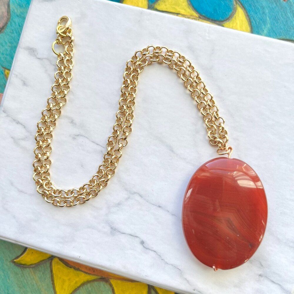Red Marble Stone Oval Pendant on Gold Chain Necklace